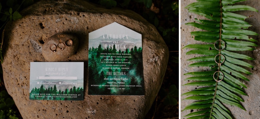 wedding bands and forest themed wedding invitations