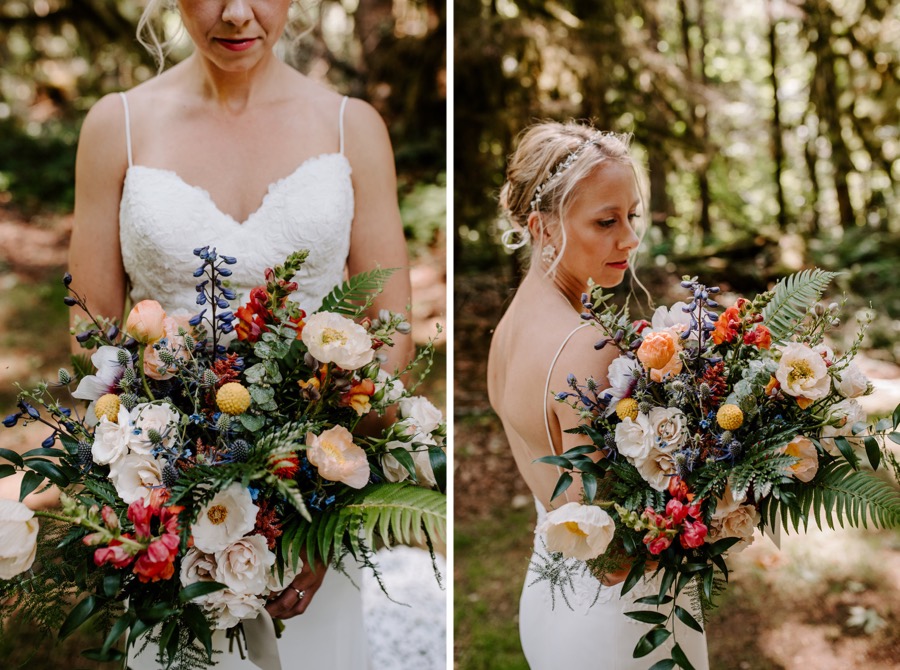 blonde bride holding large, colorful bouquet