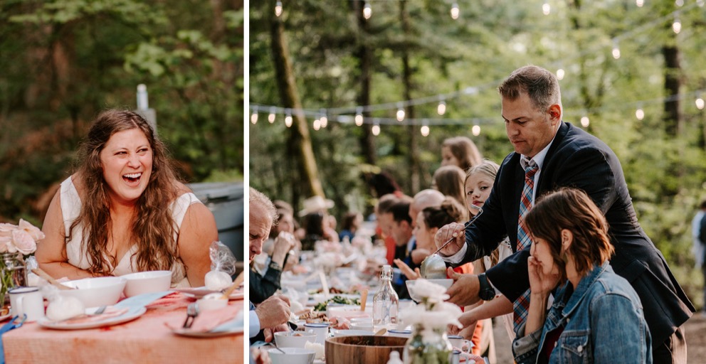 guests seated at long table in forest under patio lights during outdoor wedding reception