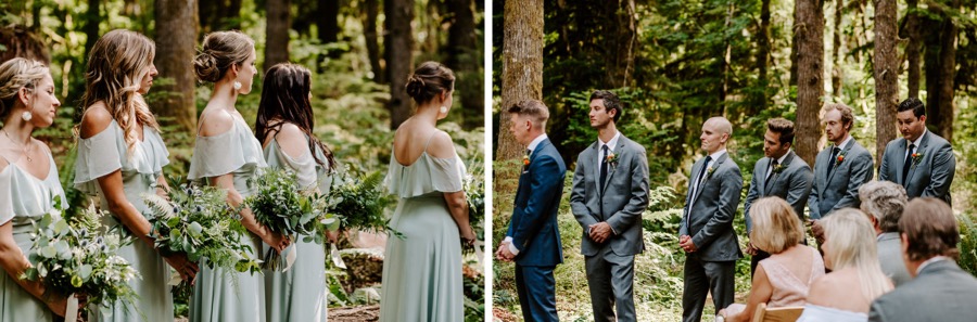 bridal party standing at altar duing outdoor forest wedding