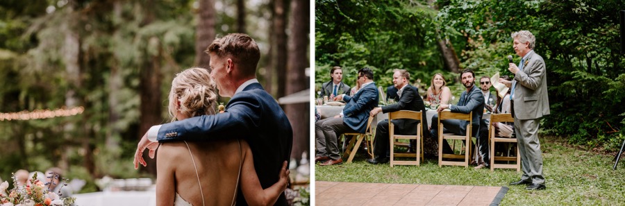 guests giving speeches during intimate Oregon forest wedding