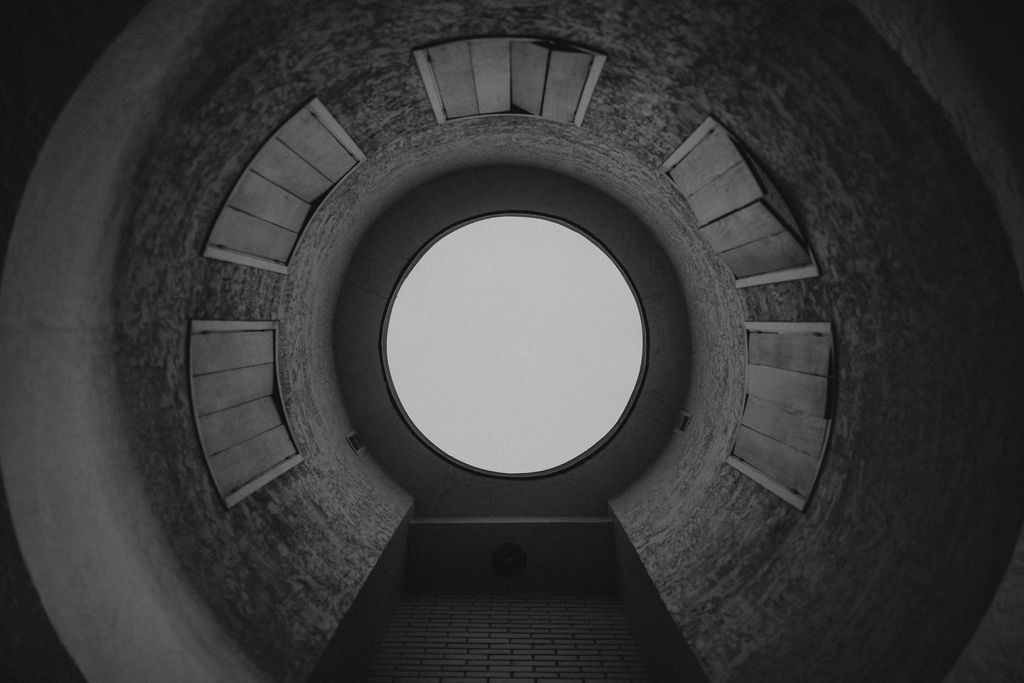 black and white image of the skylight in the AirBNB castle in Sequim, Washington