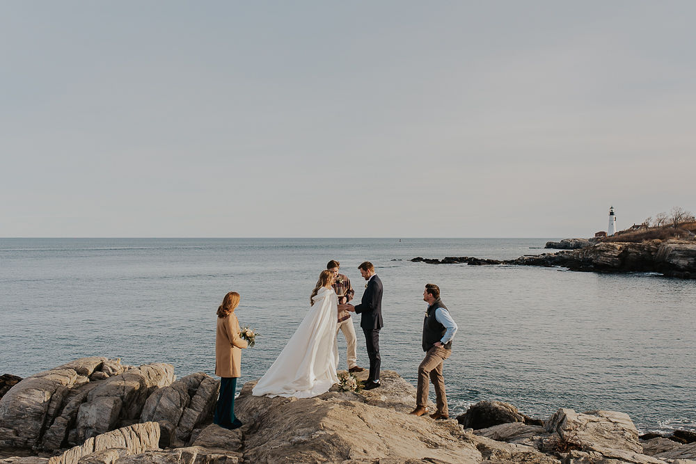 Elopement ceremony with two guests on the coast of Portland, Maine