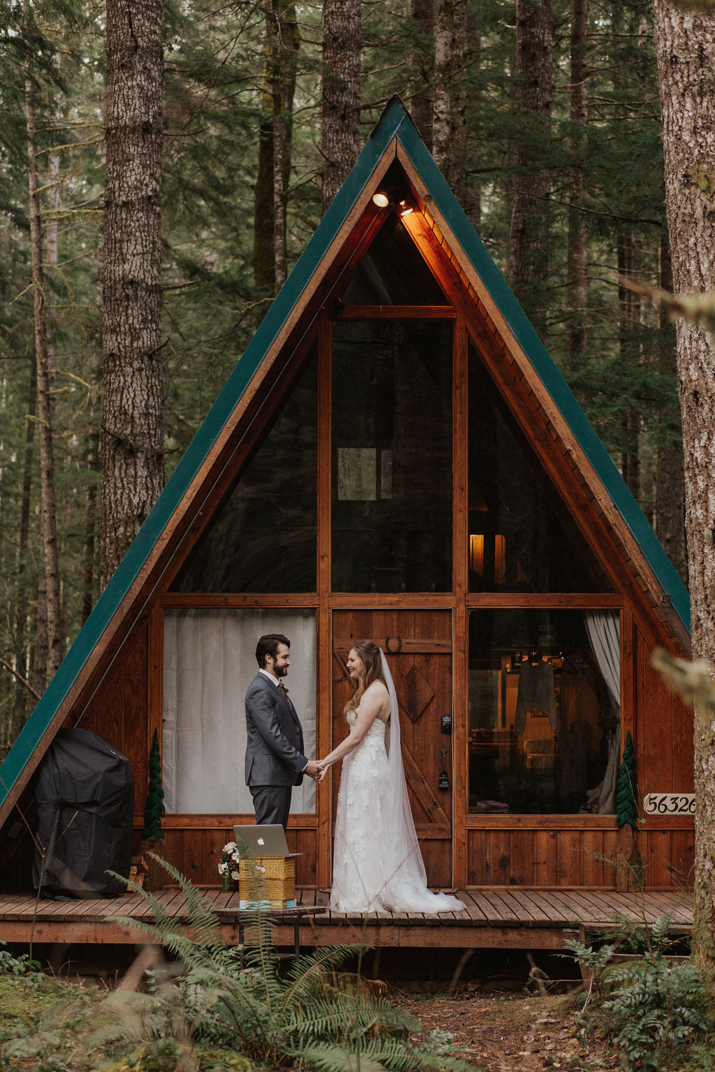 elopement ceremony at an A-frame cabin